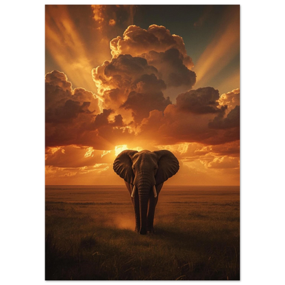 Ståtlig elefant vandrar genom gräslandskap under en intensiv guldgul himmel