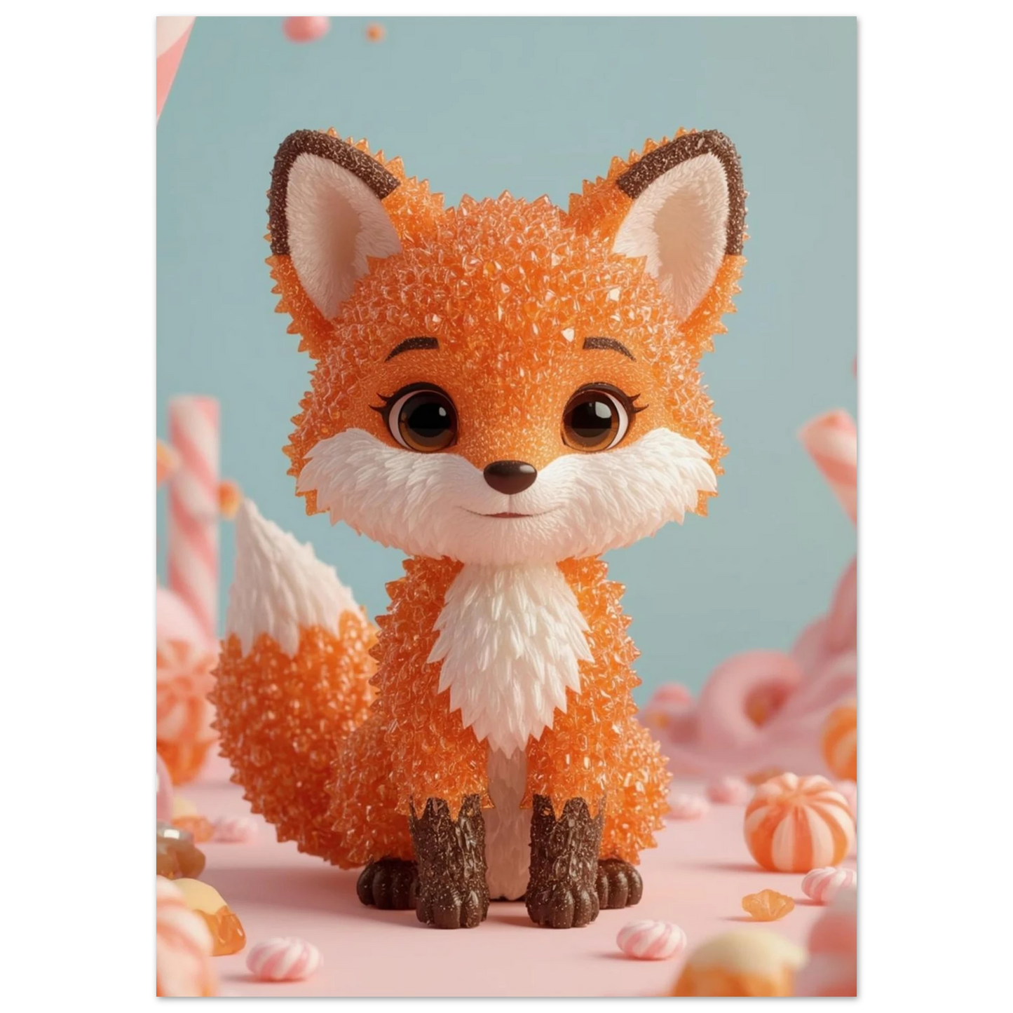 Söt rävposter med 3D-effekt föreställande en räv av orangea gummibjörnar
