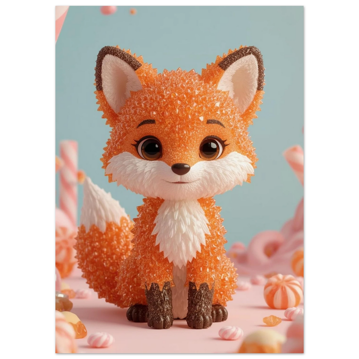 Söt rävposter med 3D-effekt föreställande en räv av orangea gummibjörnar