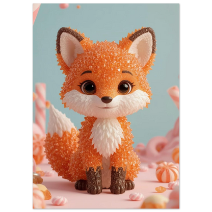 Söt rävposter med 3D-effekt föreställande en räv av orangea gummibjörnar
