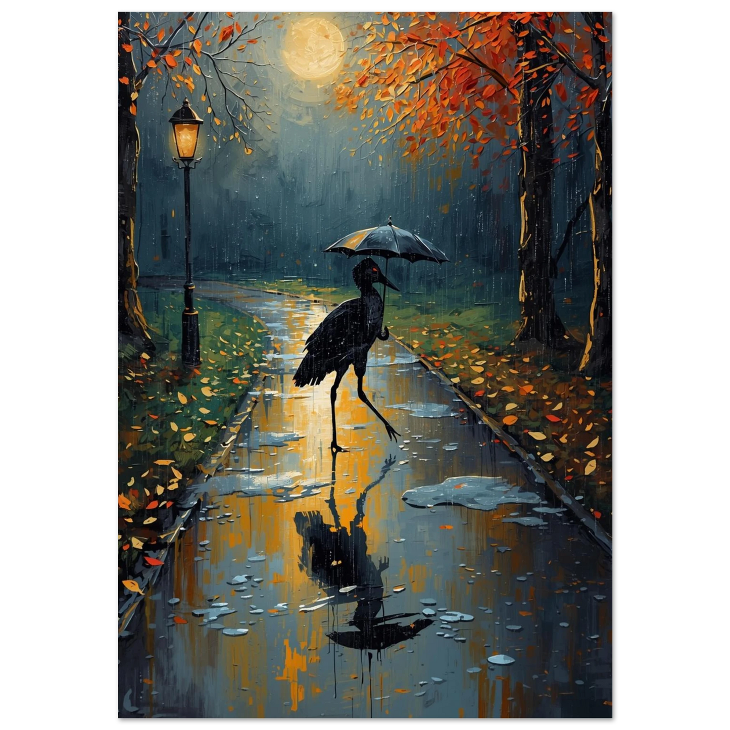 Svart stork med paraply i höstregn – impastomålning på svart bakgrund