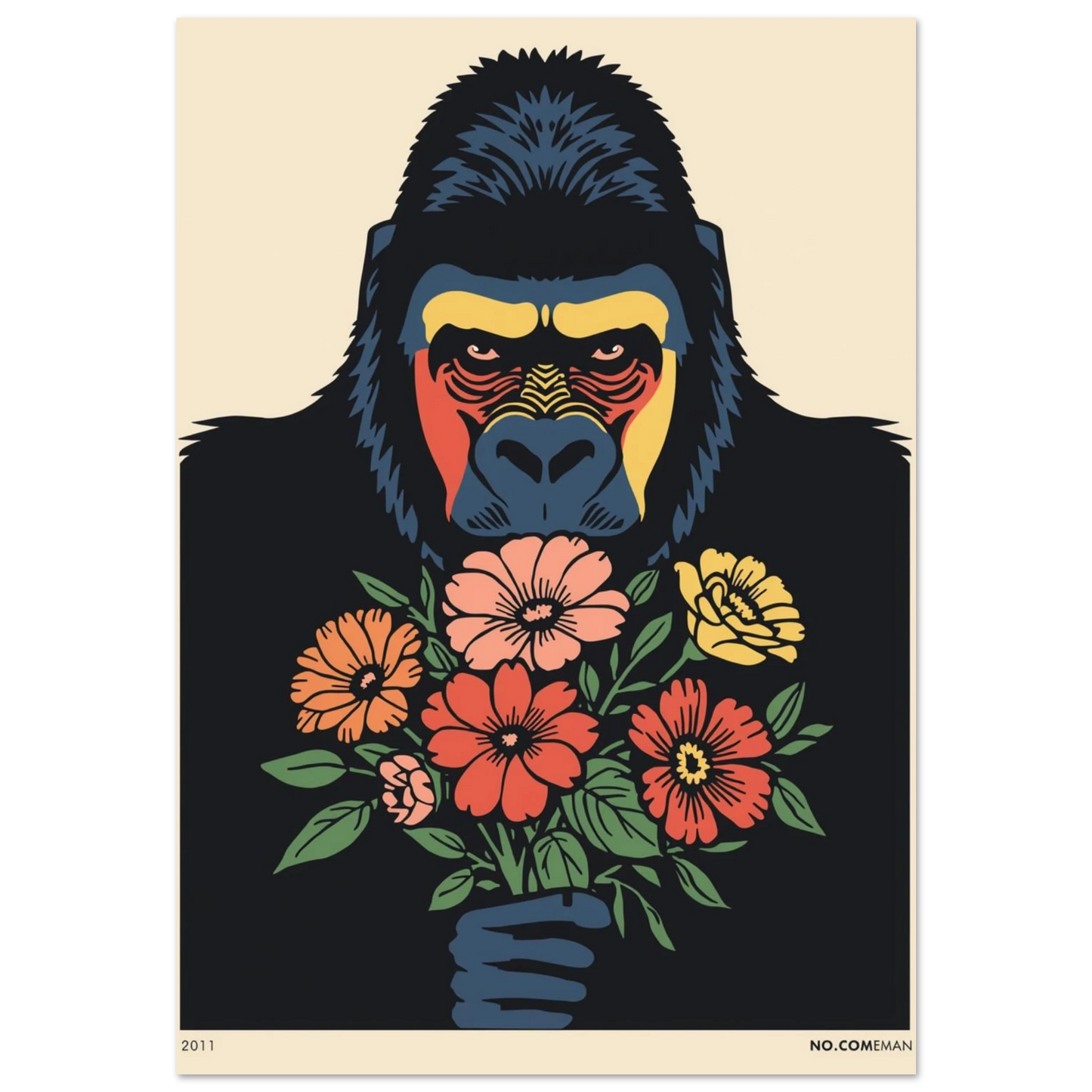 Svart gorilla med färgglad blombukett i retro grafisk stil