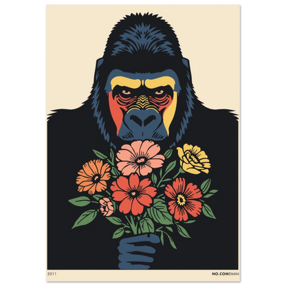 Svart gorilla med färgglad blombukett i retro grafisk stil