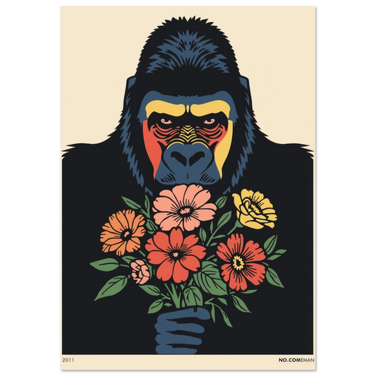 Svart gorilla med färgglad blombukett i retro grafisk stil