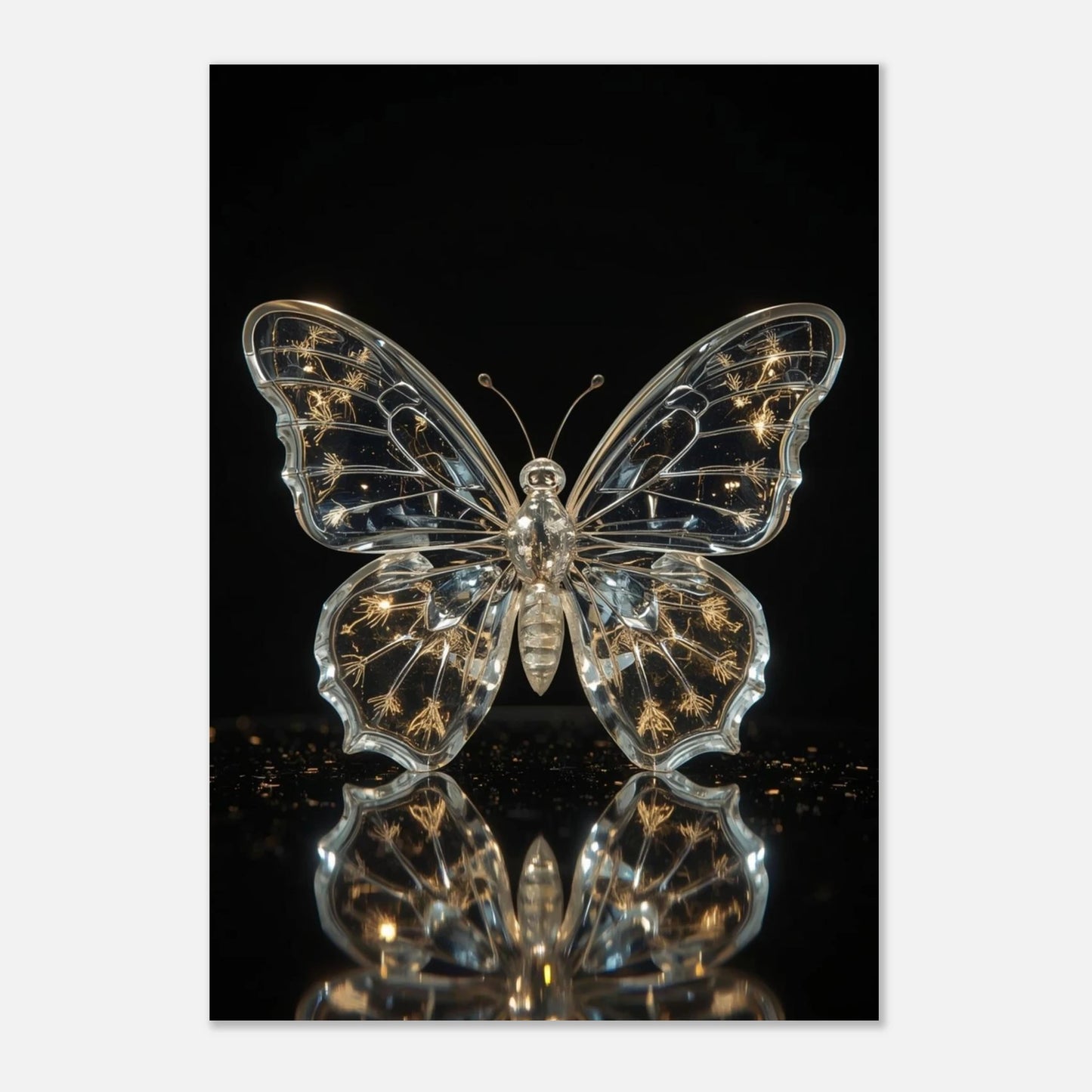 Modern djurposter föreställande en skulptural fjäril skapad av transparent glas