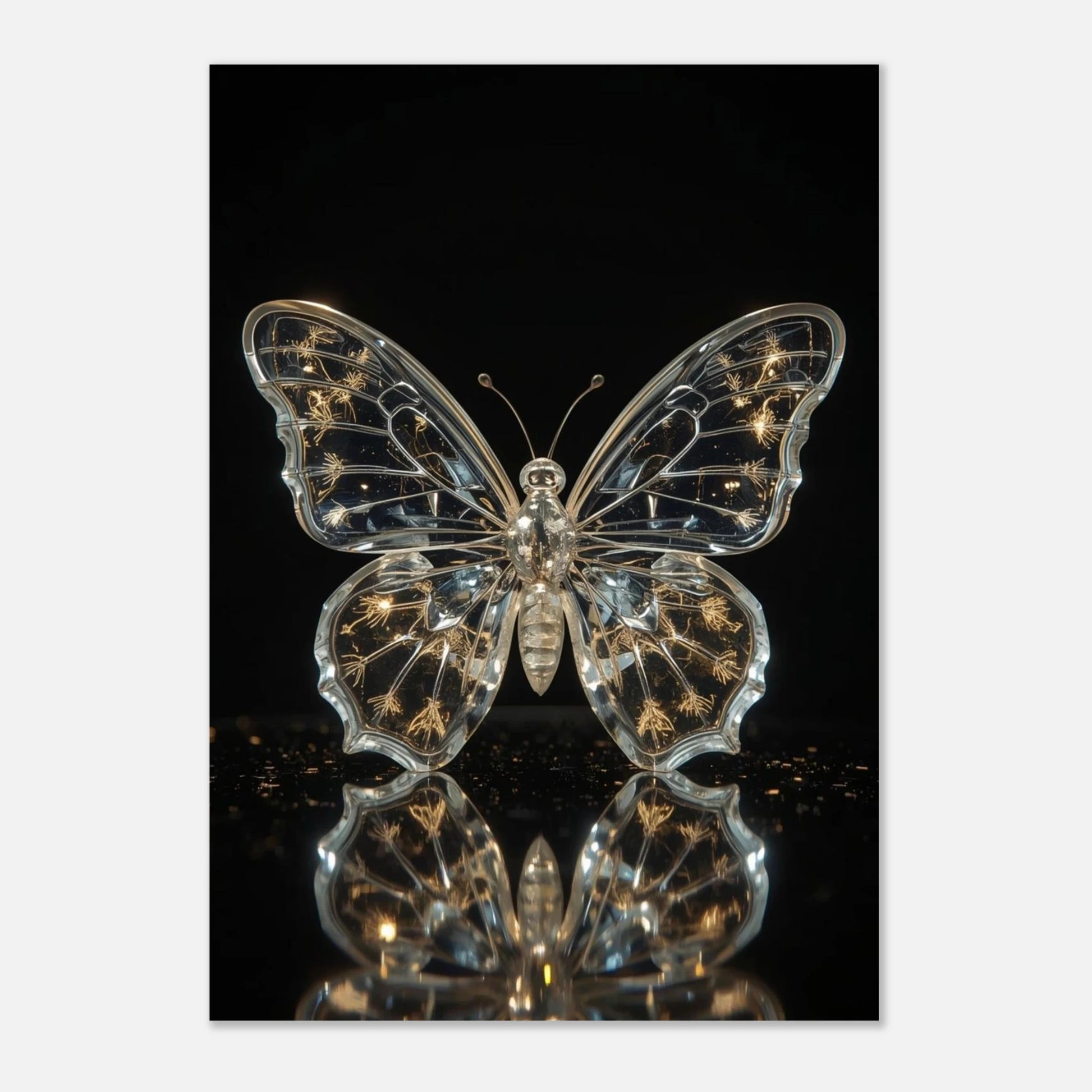 Modern djurposter föreställande en skulptural fjäril skapad av transparent glas