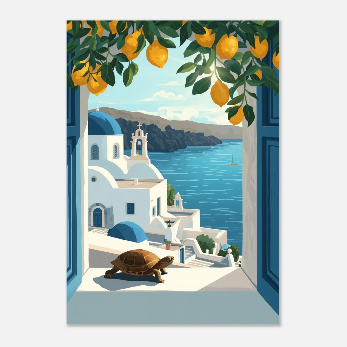 Illustration av en sköldpadda under citronträd med vy över Greklands kust