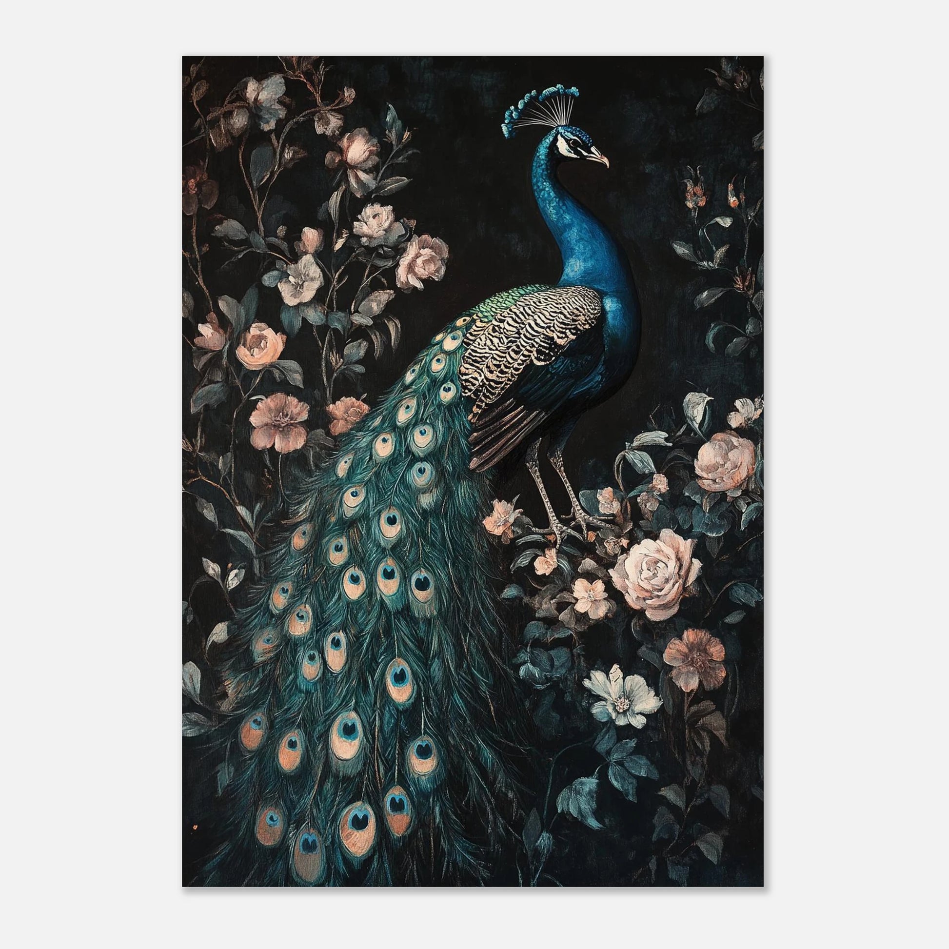 Detaljerad illustration av en påfågel bland skuggiga rosenbuskar – väggkonst