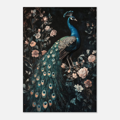 Detaljerad illustration av en påfågel bland skuggiga rosenbuskar – väggkonst