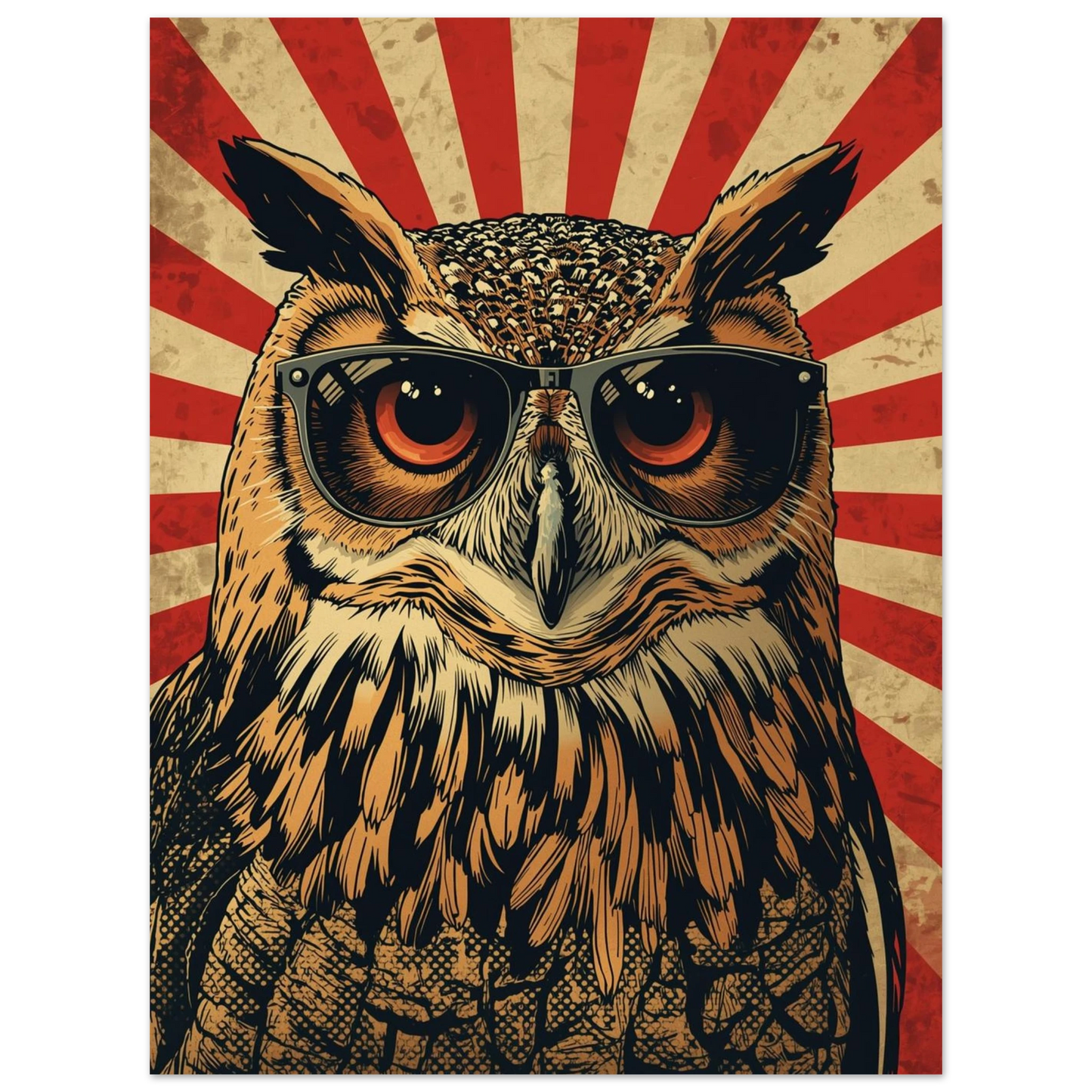 Närbild på uggleposter med retro-tema och intensiva orangea ögon bakom glas