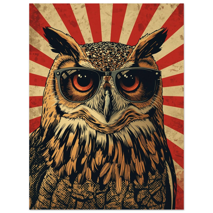 Närbild på uggleposter med retro-tema och intensiva orangea ögon bakom glas