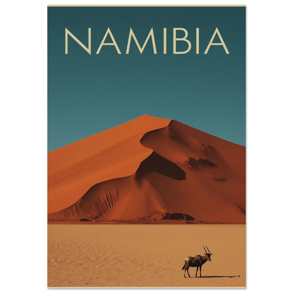 Oryxantilop framför orange sanddyner i Namibia – vintageinspirerad djurposter