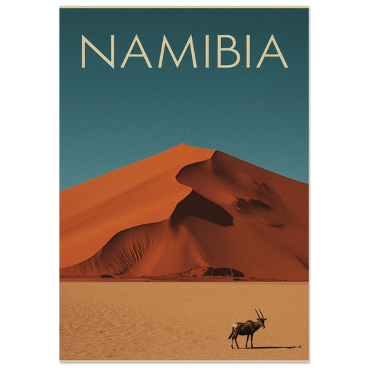 Oryxantilop framför orange sanddyner i Namibia – vintageinspirerad djurposter