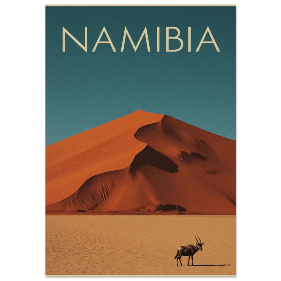 Oryxantilop framför orange sanddyner i Namibia – vintageinspirerad djurposter