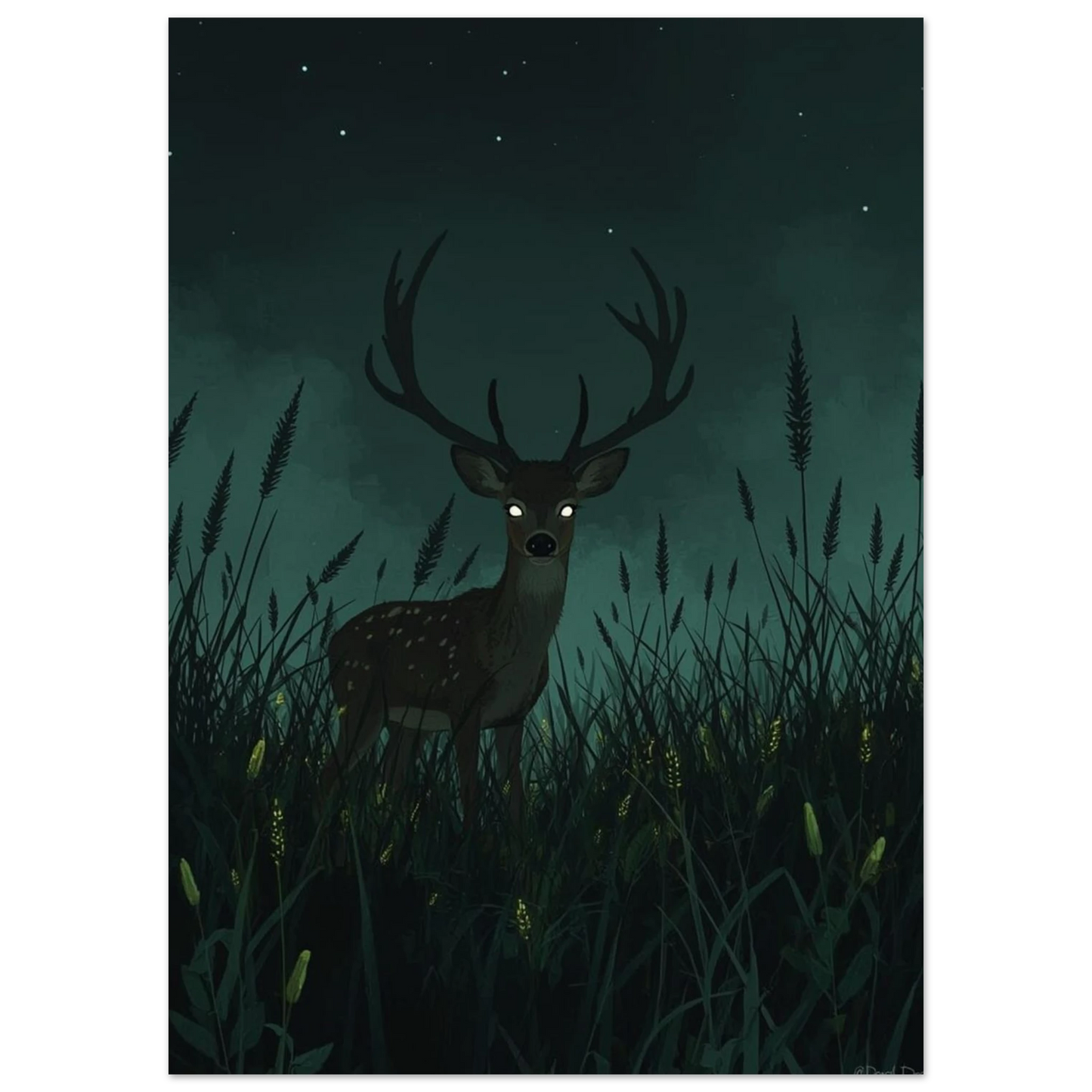 Ståtlig hjort under stjärnklar natthimmel, mörkgrön illustration för vägg
