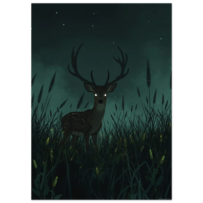 Ståtlig hjort under stjärnklar natthimmel, mörkgrön illustration för vägg