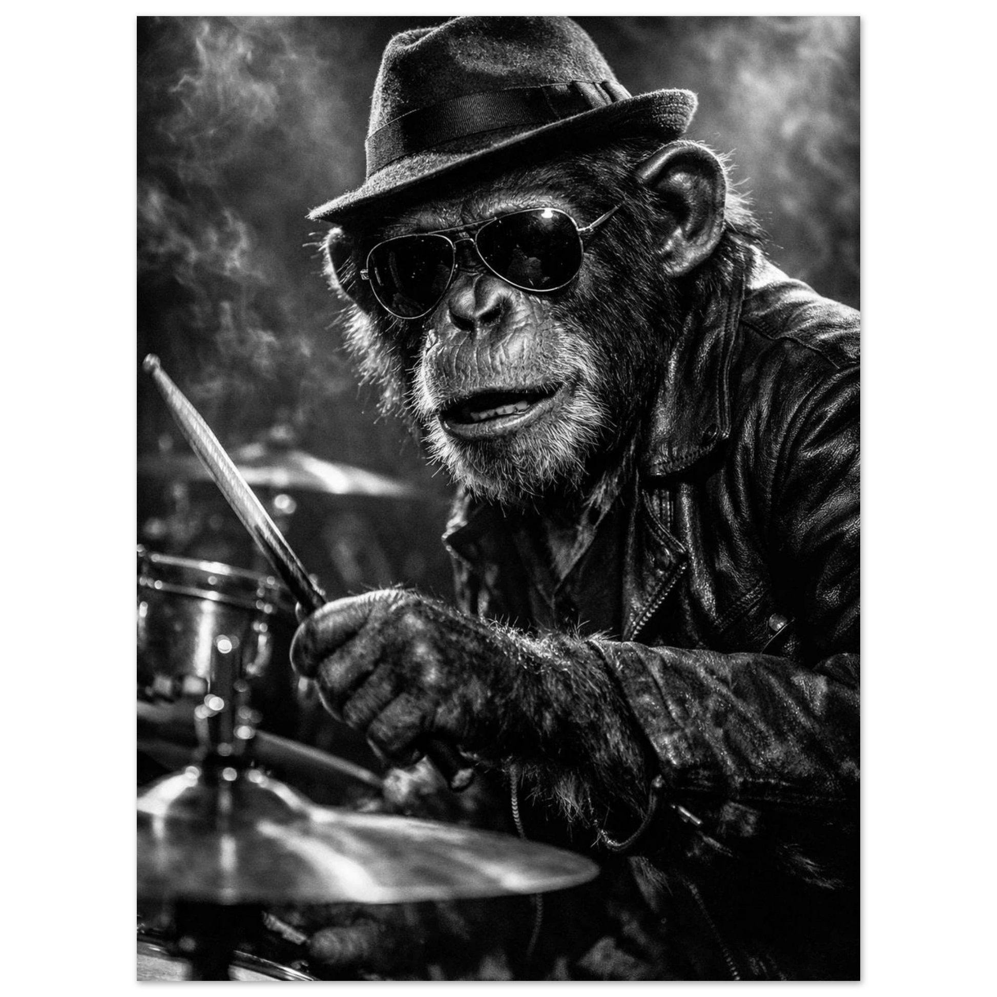 Chimpans trummis med skinnpaj och hatt i svartvitt – Fotorealistisk poster