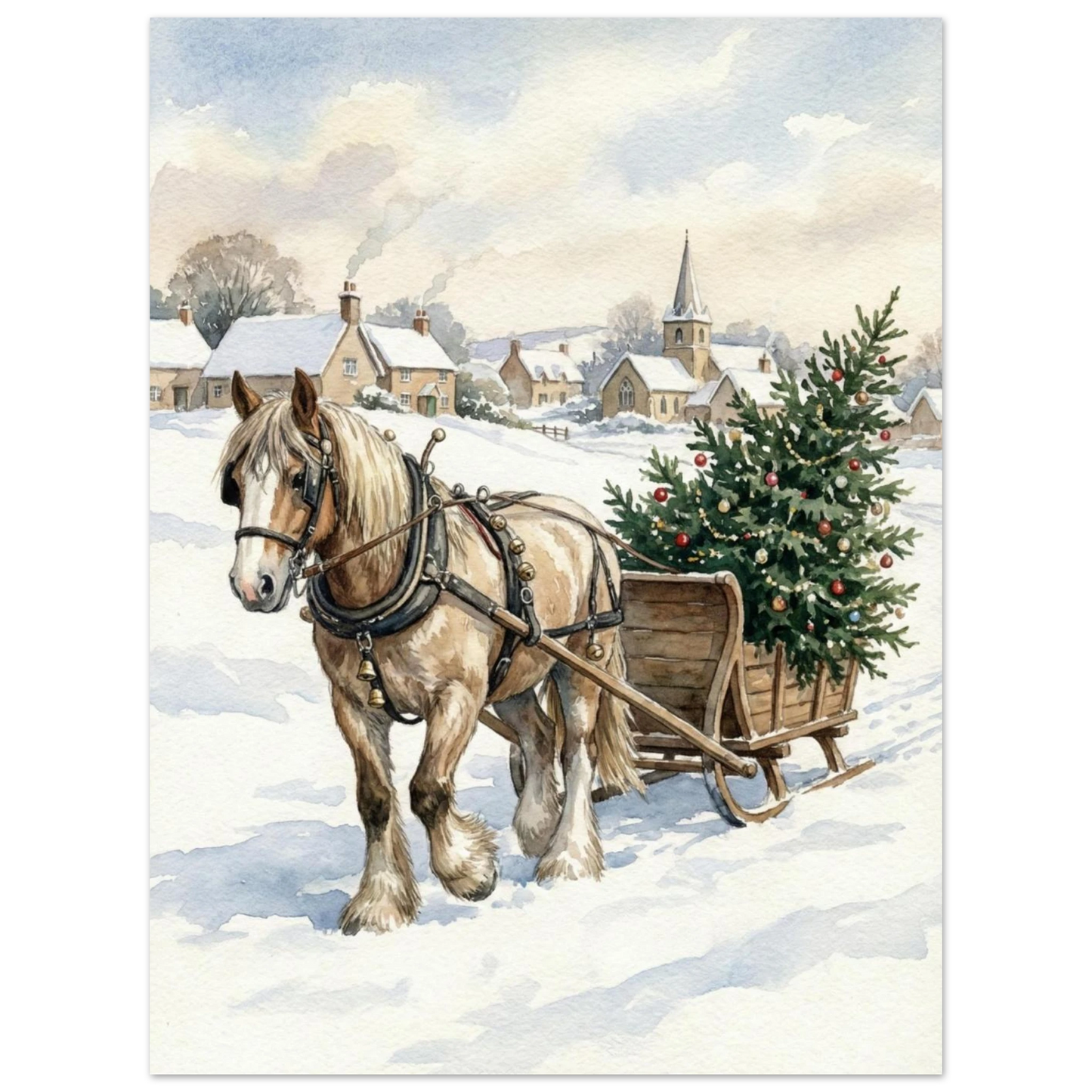 Klassisk julposter med häst, bjällror och dekorerad gran i snöfall