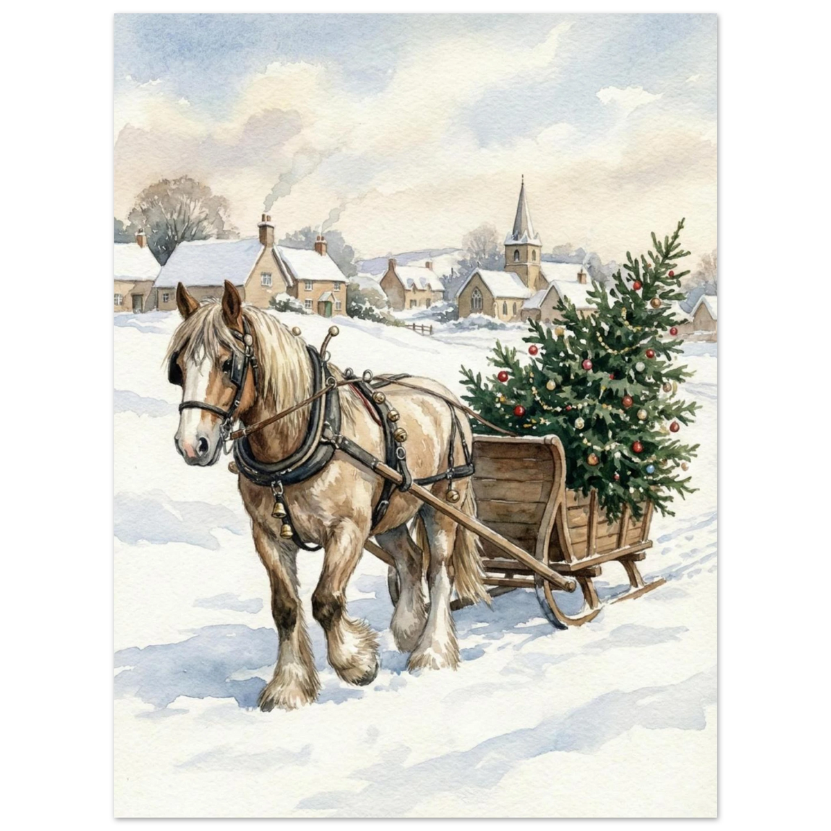 Klassisk julposter med häst, bjällror och dekorerad gran i snöfall