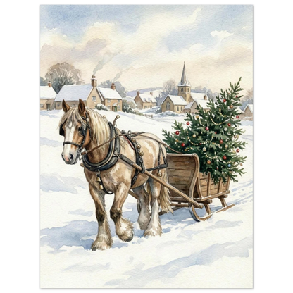 Klassisk julposter med häst, bjällror och dekorerad gran i snöfall