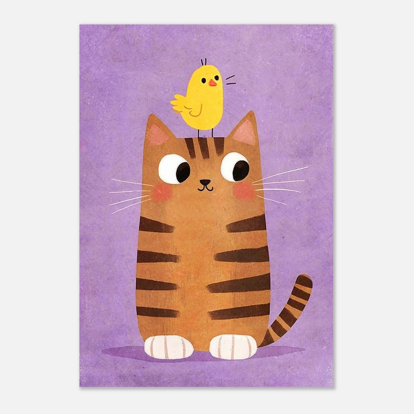 Söt barnposter med en randig katt och liten kycklingliknande fågel