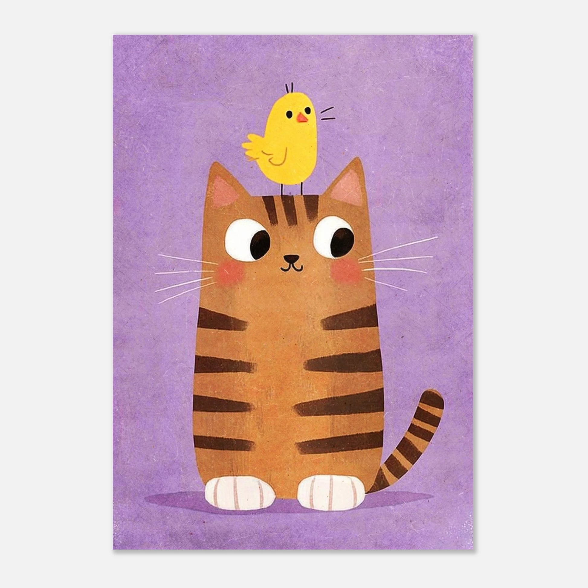 Söt barnposter med en randig katt och liten kycklingliknande fågel