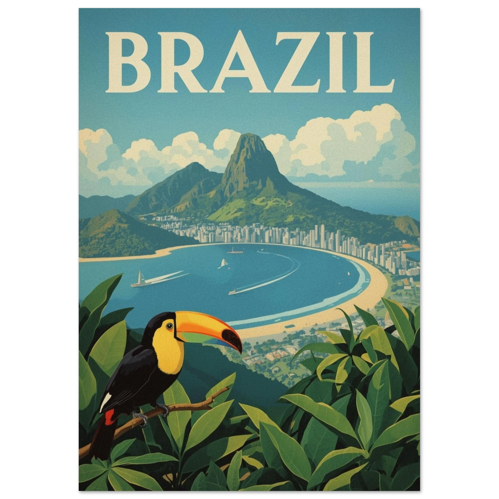 Illustration av en tukan i tropisk miljö med texten Brazil – retro djurmotiv