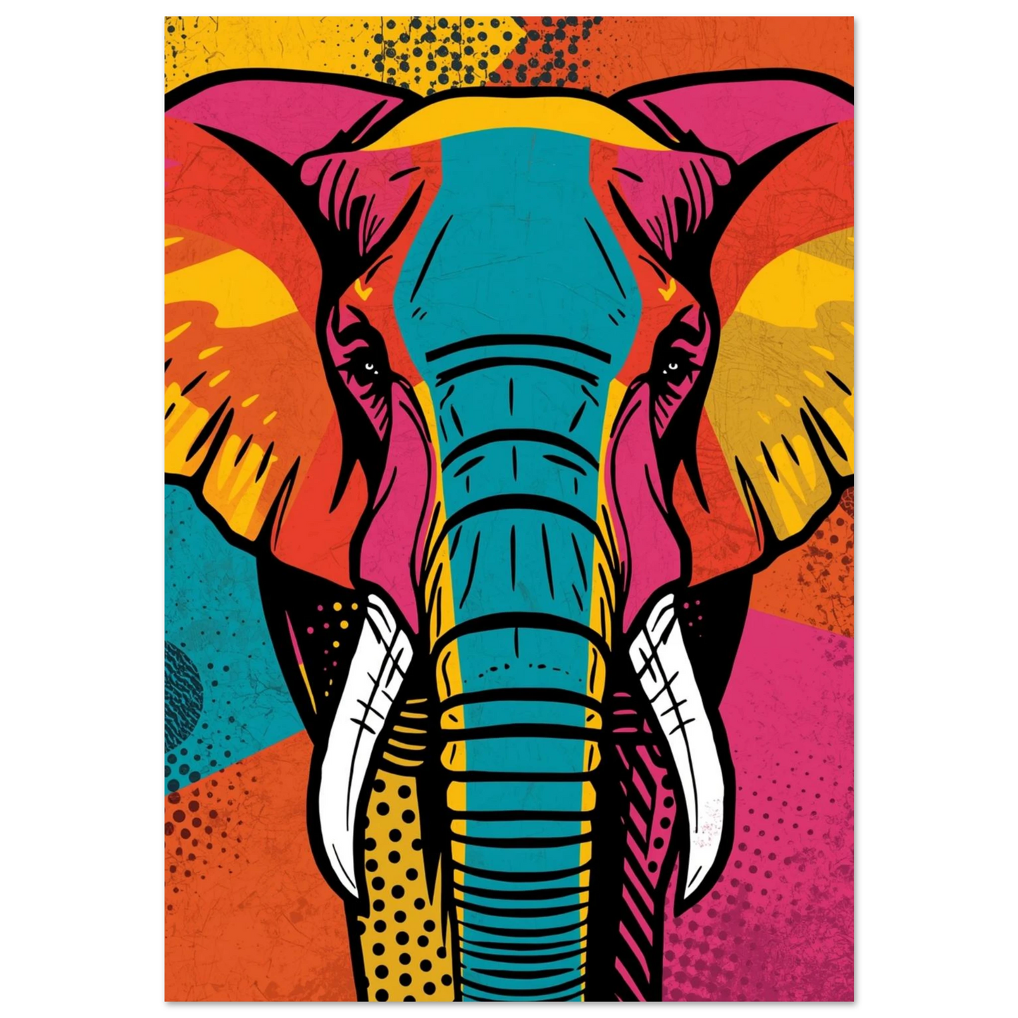 Färgglad elefant i pop art-stil med turkosa och rosa fält