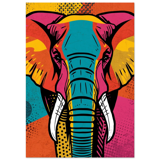 Färgglad elefant i pop art-stil med turkosa och rosa fält