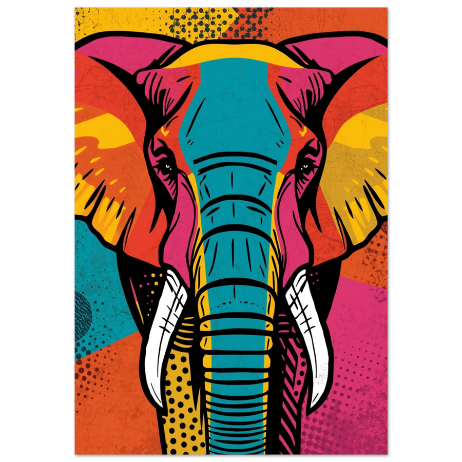 Färgglad elefant i pop art-stil med turkosa och rosa fält