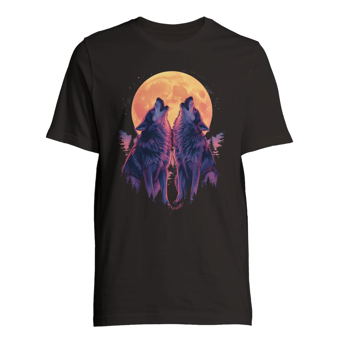 Ylande vargar mot måne på svart T-shirt – Tecknad T-shirt