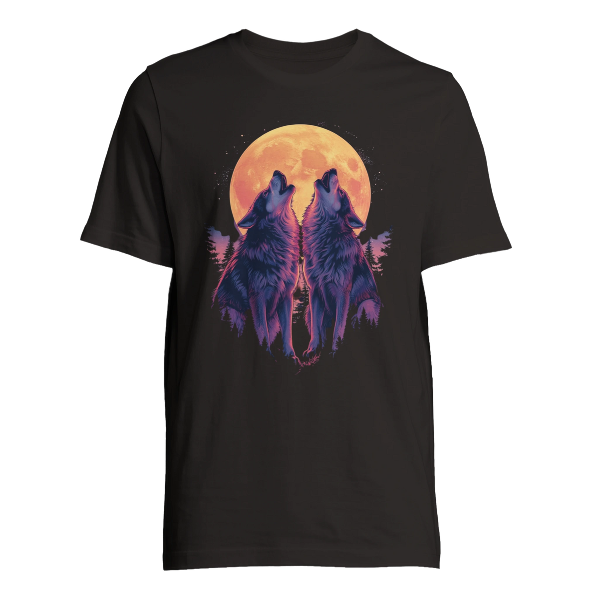 Ylande vargar mot måne på svart T-shirt – Tecknad T-shirt