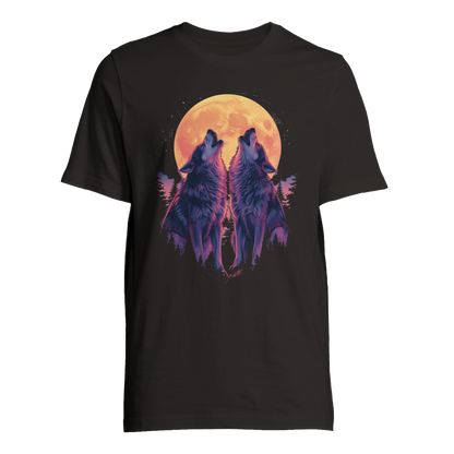 Ylande vargar mot måne på svart T-shirt – Tecknad T-shirt