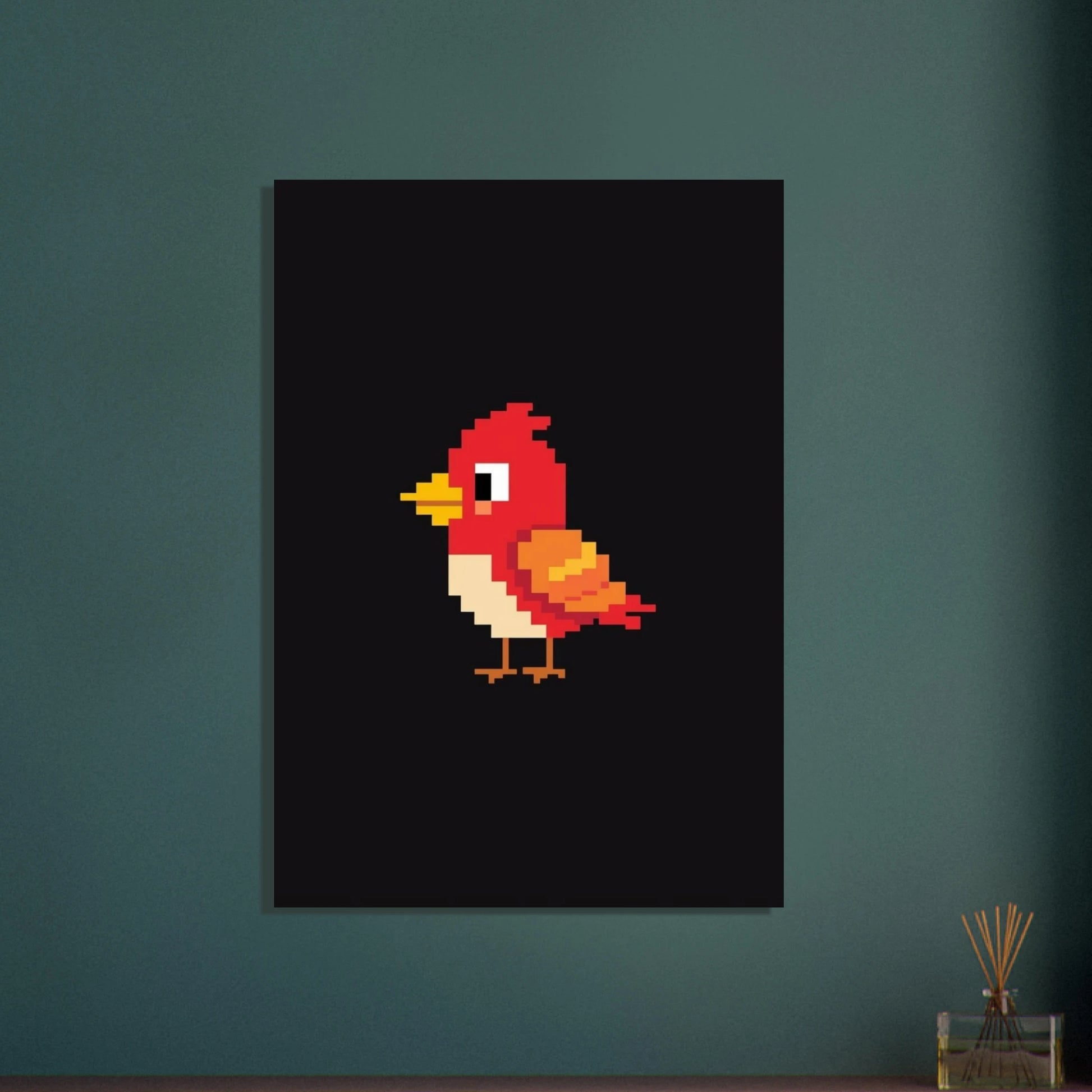 Pixelfågel i rött och orange, arkadstil, lekfull retrokänsla