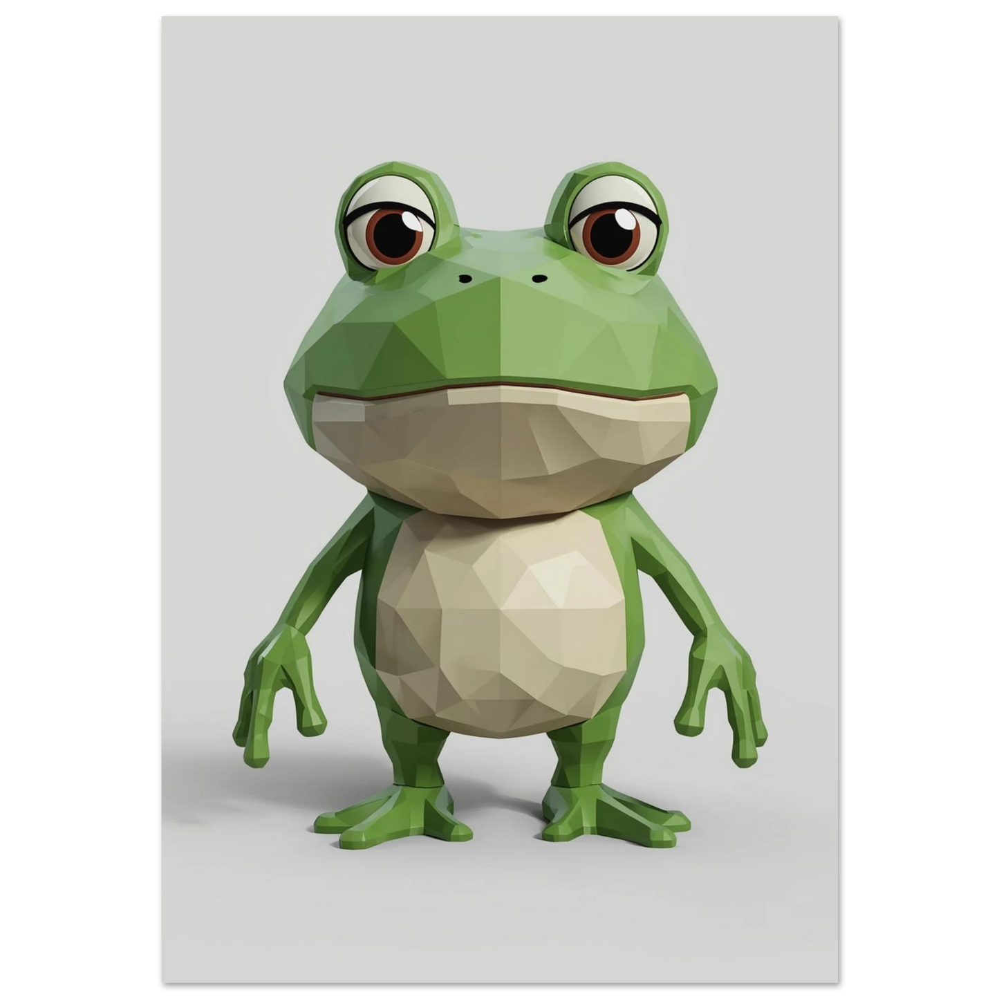 Grön groda i lågpoly-stil med stora bruna ögon, 3D-illustration
