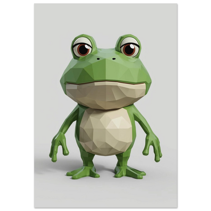 Grön groda i lågpoly-stil med stora bruna ögon, 3D-illustration