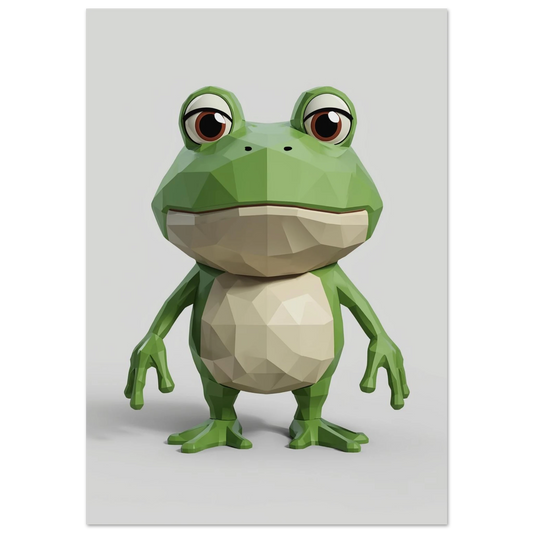 Grön groda i lågpoly-stil med stora bruna ögon, 3D-illustration