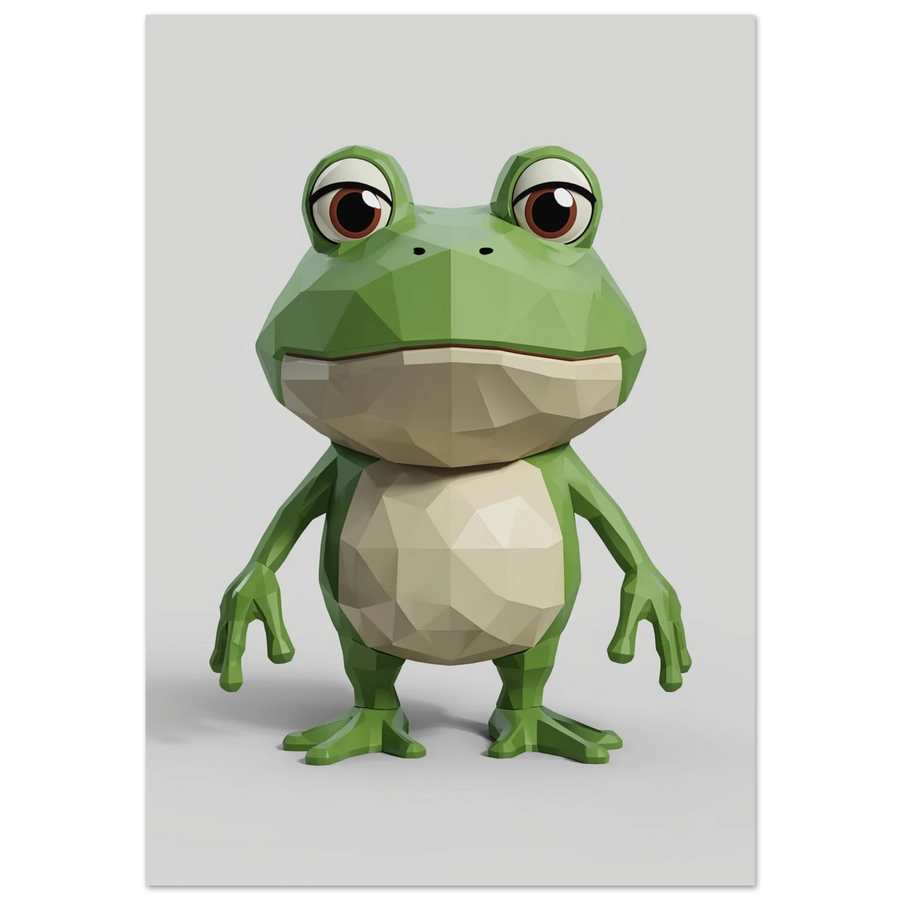 Grön groda i lågpoly-stil med stora bruna ögon, 3D-illustration