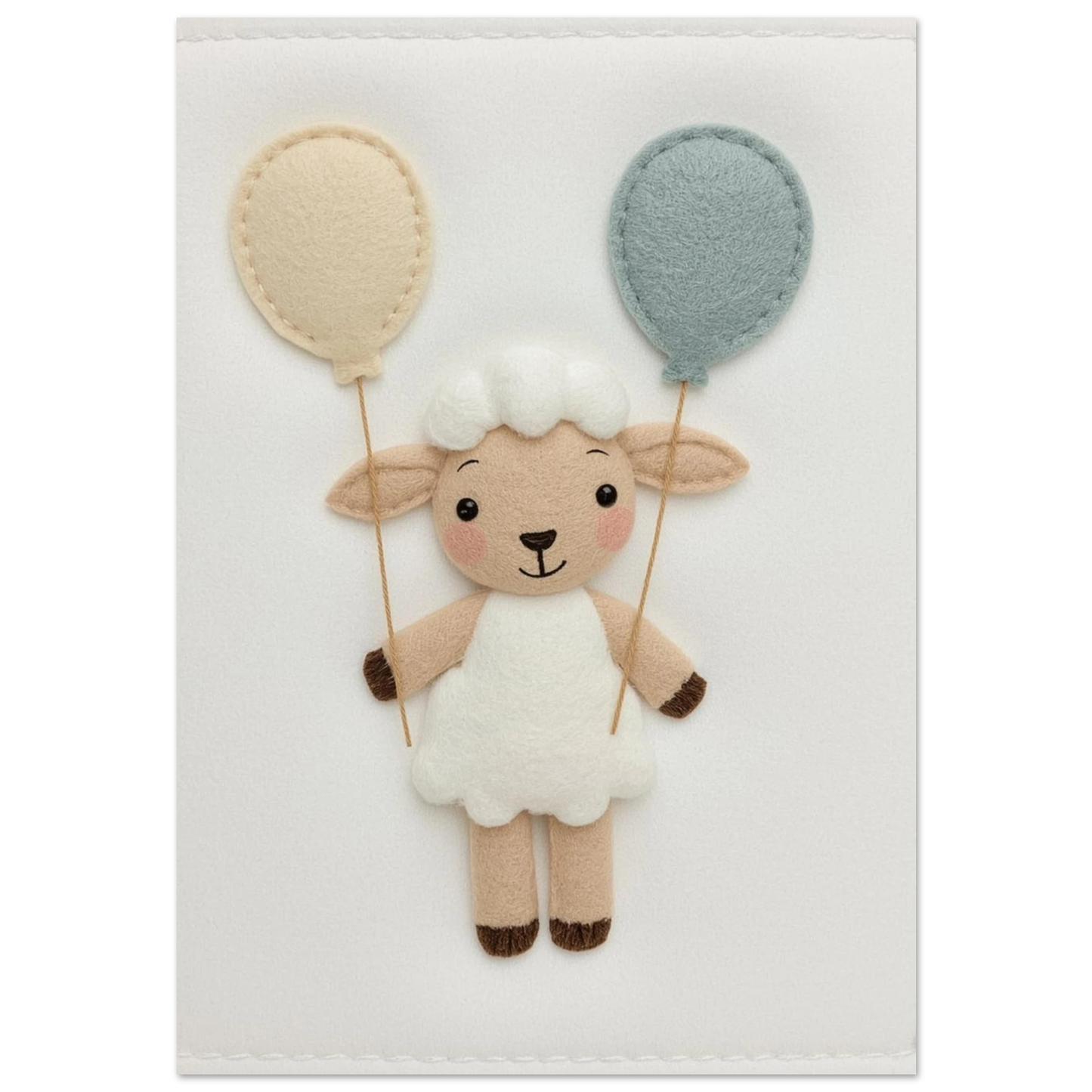 Sött lamm i vit filtstil med beige och blå ballonger