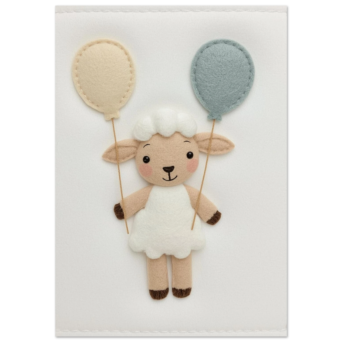 Sött lamm i vit filtstil med beige och blå ballonger