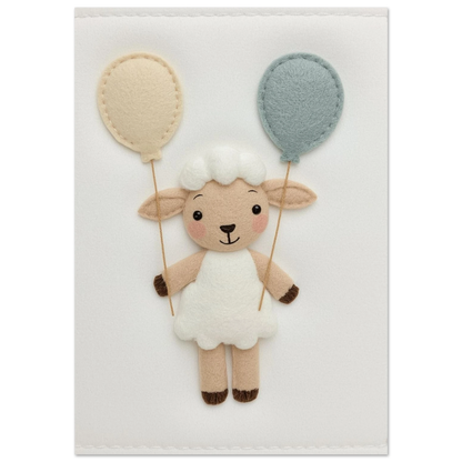 Sött lamm i vit filtstil med beige och blå ballonger
