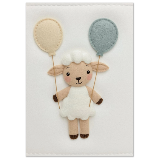 Sött lamm i vit filtstil med beige och blå ballonger