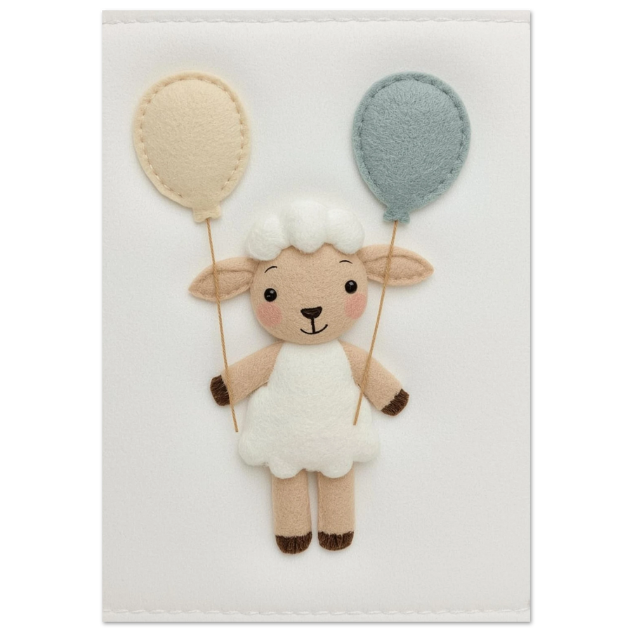Sött lamm i vit filtstil med beige och blå ballonger