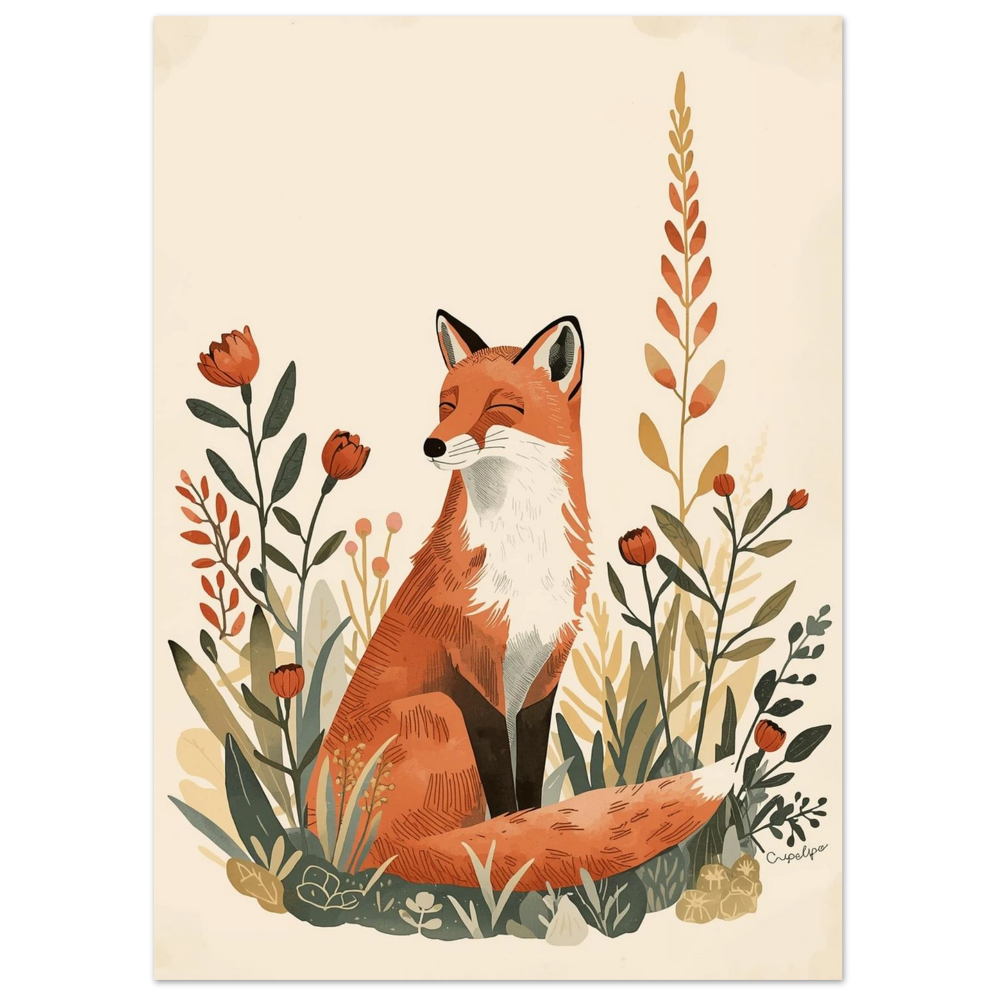 Närbild på illustrerad räv omgiven av stiliserade växter och orangea blommor