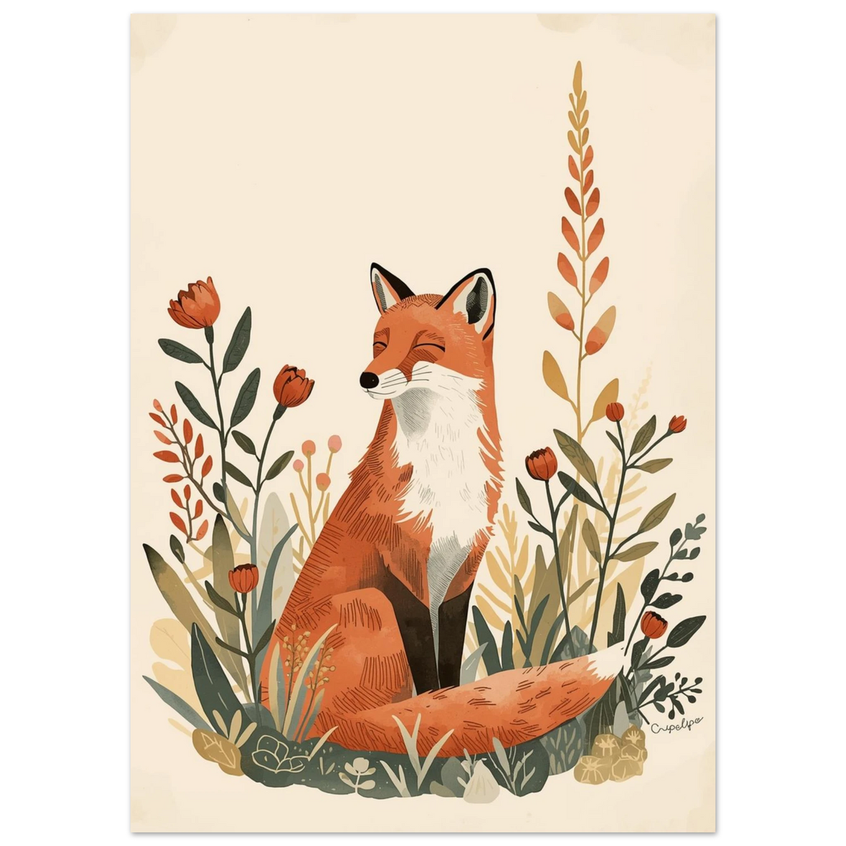 Närbild på illustrerad räv omgiven av stiliserade växter och orangea blommor