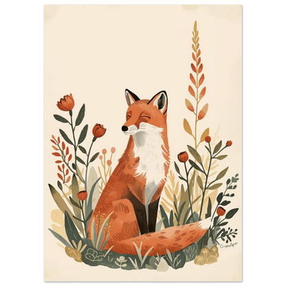 Närbild på illustrerad räv omgiven av stiliserade växter och orangea blommor