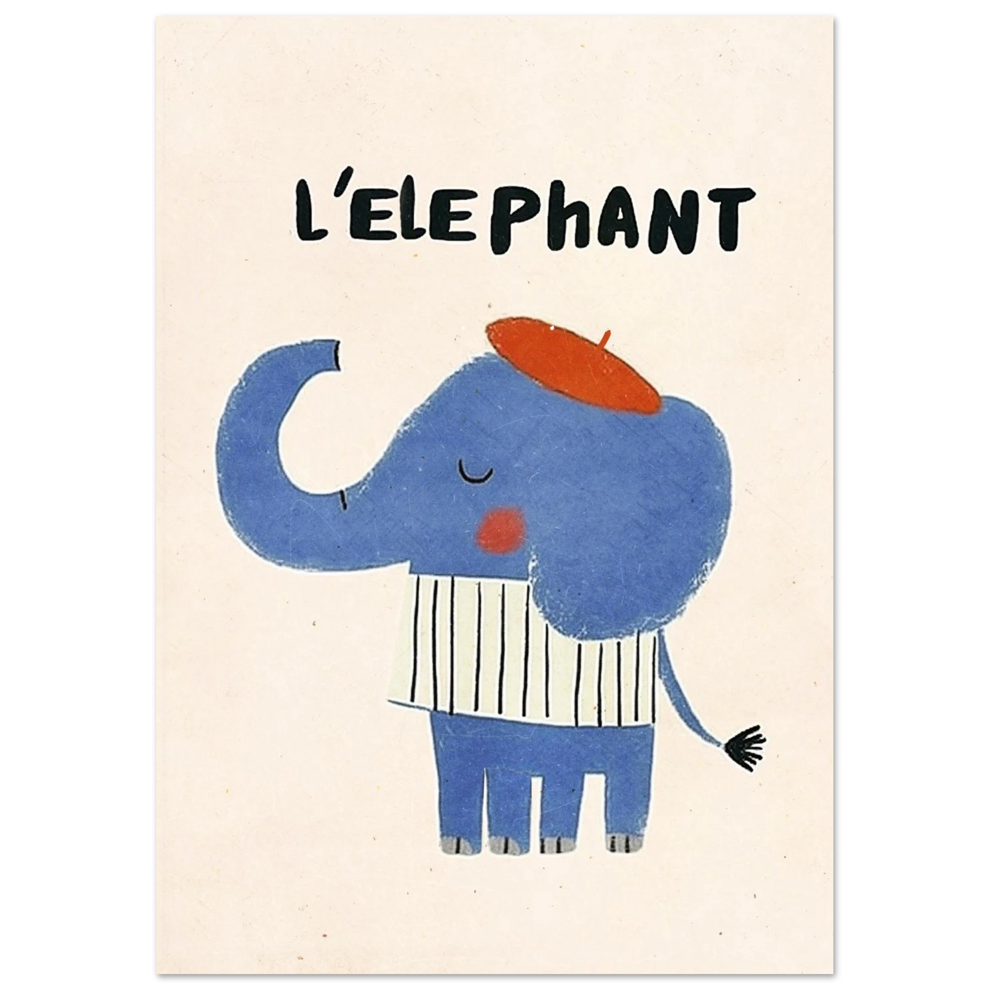 Fransk-inspirerad barnposter föreställande en blå elefant i randig tröja