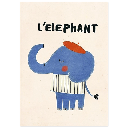 Fransk-inspirerad barnposter föreställande en blå elefant i randig tröja