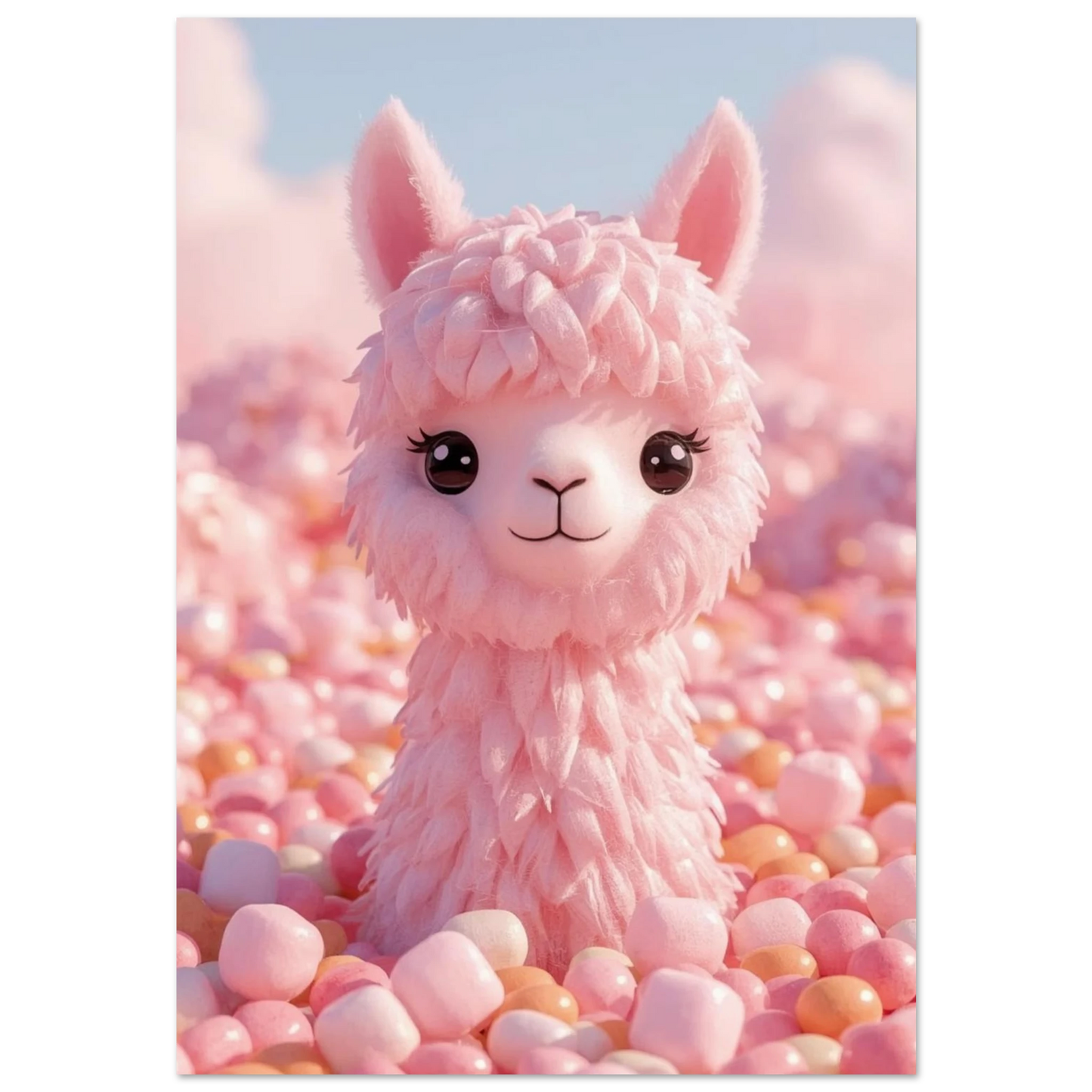 Rosa alpacka av sockervadd bland marshmallows – 3D-illustration för barnrum