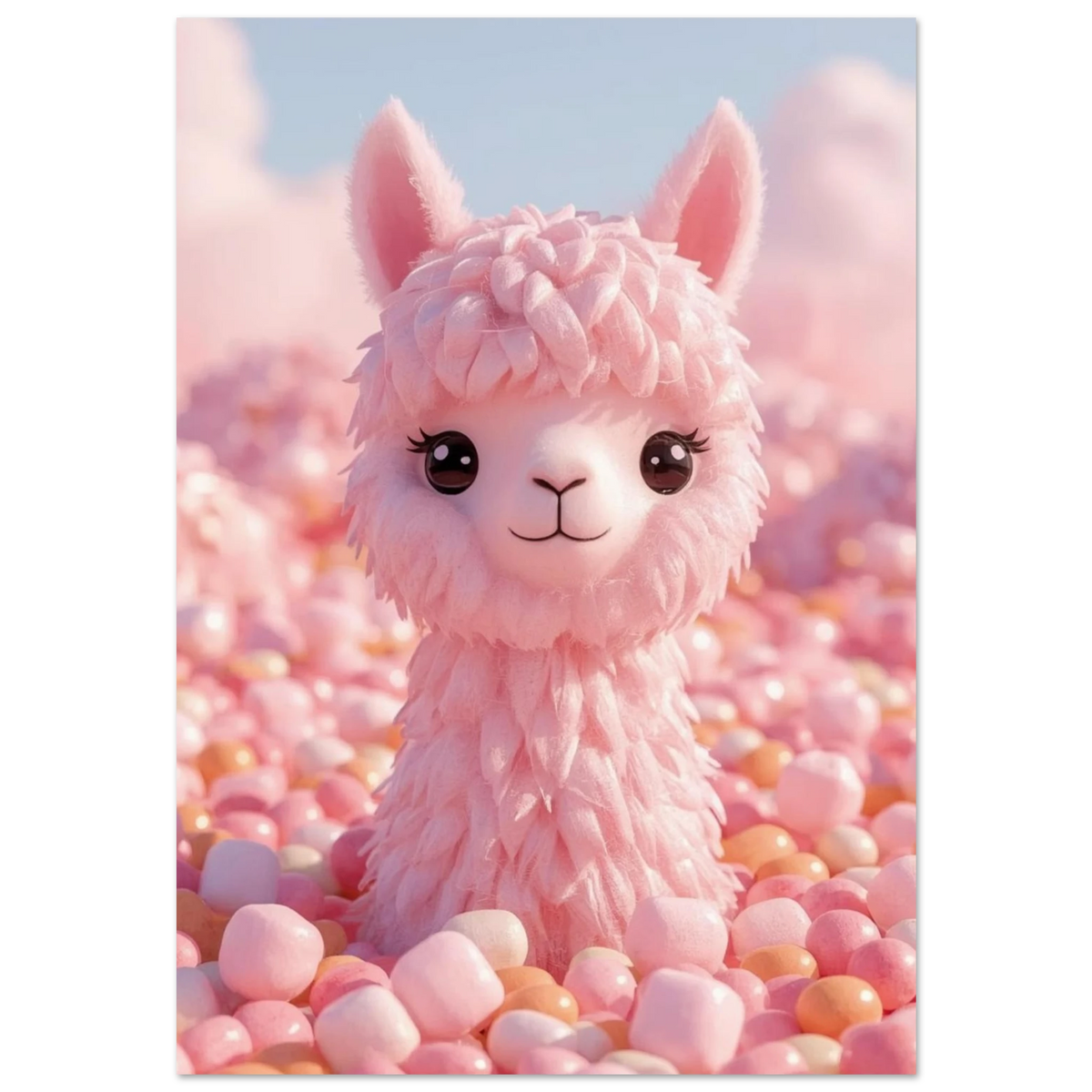 Rosa alpacka av sockervadd bland marshmallows – 3D-illustration för barnrum
